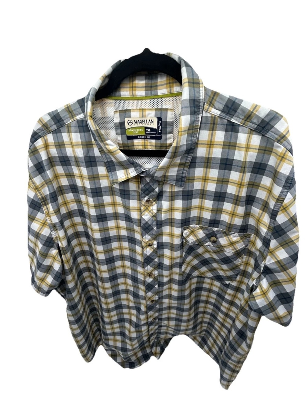 Magellan Outdoors Short-Sleeve Plaid Button-Down Shirt in Gray, Yellow & White